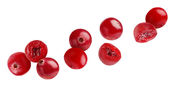 istock Fresh red cranberries flying on white background 2251270947