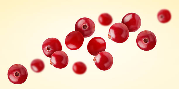 istock Fresh red cranberries flying on beige background 2251271027
