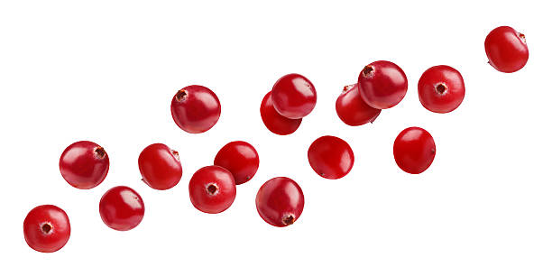 istock Fresh red cranberries flying on white background 2251271052
