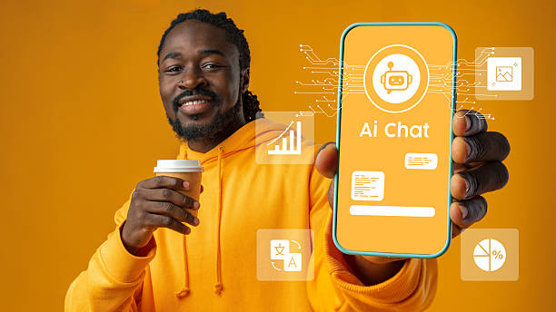 istock Smiling man showcasing AI chat application on smartphone while holding coffee in bright studio setting 2251271970