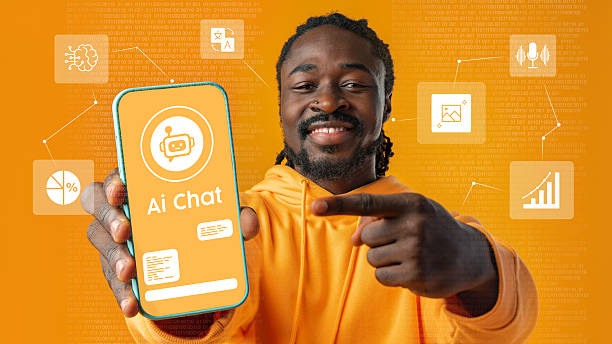 istock Smiling man showcasing AI chat application on smartphone with vibrant background in technology-focused setting 2251272067
