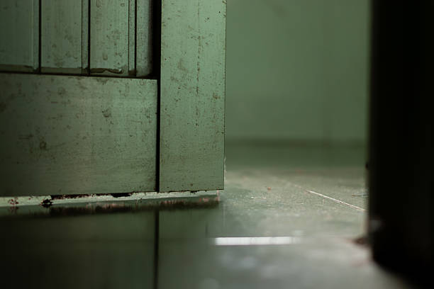 Low angle shot showing the junction between a dark, industrial door and a bright, reflective tiled floor inside a building