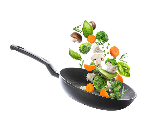 istock Frying pan with fresh ingredients in air on white background 2251275749