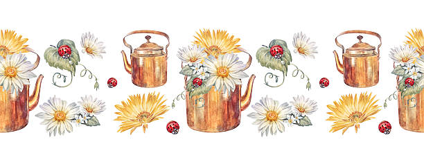 Watercolor seamless border with bouquet yellow chamomile and red ladybug in teapot on white background. Hand-drawn summer bloom flower chrysanthemum for card. Rim for wedding. Wallpaper or wrapping.