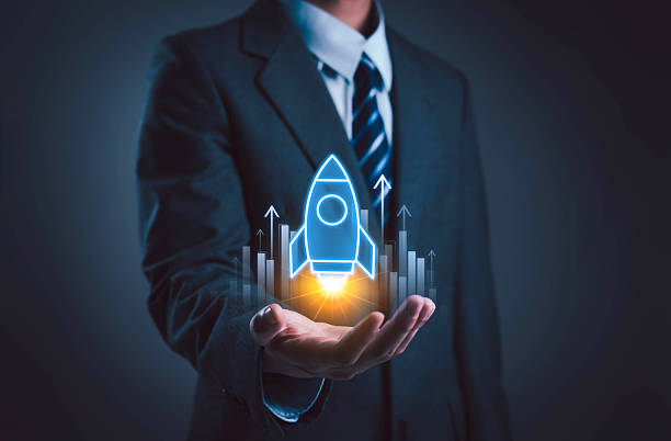 istock Businessman touching transparent rocket icon launching. Startup concept, rocket, company growth, digital success, technology, marketing, finance, innovation. Creative design project. 2251281339