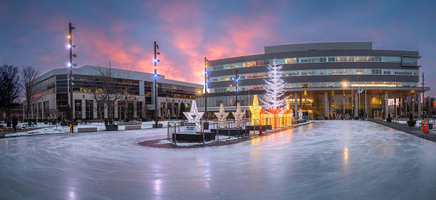 Windsor, Ontario City Hall skating with skating rink in the foreground.