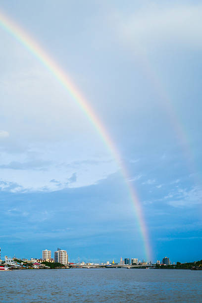 A vibrant rainbow arcs across a bright blue sky above a riverside cityscape, capturing the peaceful atmosphere of nature meeting urban life after the rain, perfect for travel and scenic concepts.