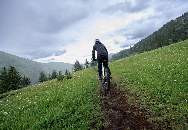 Riding mountain bike on grassland forest mountains