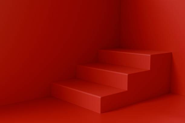 3d render Minimalist red corner setup with three-step geometric podium, stage for product display, promotion, or abstract background design.
