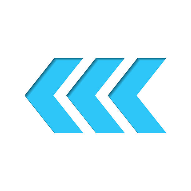 istock Triple chevrons pointing left. Icon cut out on white paper with blue background 2251306923