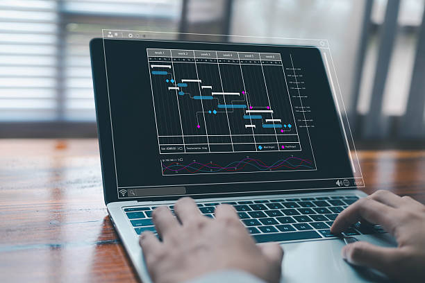 istock Hands typing on a laptop displaying a project management timeline and Gantt chart, representing productivity, workflow planning, task tracking, and digital project management. 2251306936