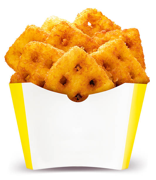 Crispy Hash Browns in paper bucket isolated on white background, Crispy Hash Browns on white With clipping path.