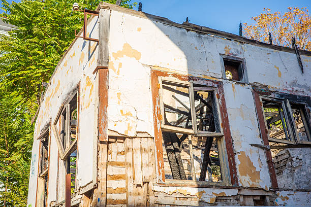 Burnt ruins of a collapsed house with charred remains and tall chimneys surrounded by overgrown nature