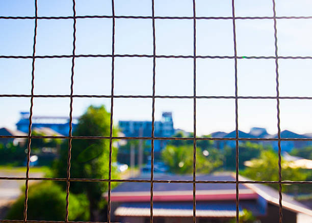 istock wire mesh fence with city view background, selective focus and copy space 2251311359