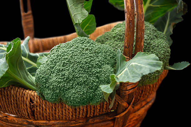 Two large heads of broccoli surrounded by leafy greens sit in a woven basket against a dark backdrop.