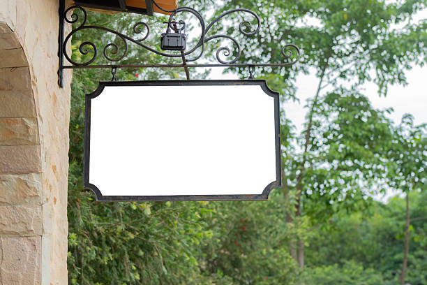 Blank white restaurant or shop sign mockup, Low angle view on a blank sign mockup outside the building, banner hanging on a storefront.