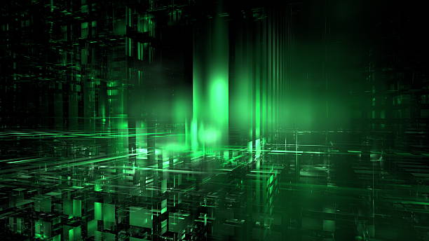 istock Glowing green lines and shapes create a digital landscape filled with depth and perspective, evoking a sense of exploration within a futuristic environment at night. 3d render 2251319637