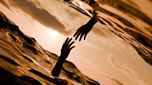 Two hands emerge from the water with a sunset in the background, creating a stark contrast. sun reflects on the surface, highlighting the moment of reaching for help. 3d render.