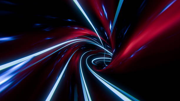 istock Bright blue and red light trails spiral and twist in a dark space, creating an illusion of deep movement and energy in a digital environment. 3d render 2251319651