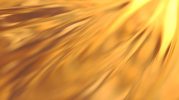 Light reflects off a surface with golden tones, creating a flowing pattern. This scene captures an abstract moment in bright natural light. 3d render