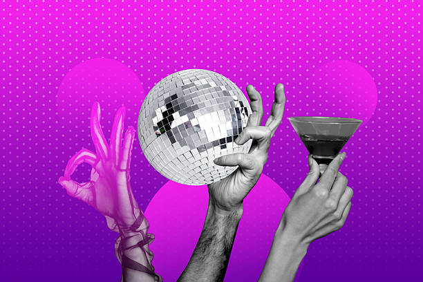 istock Full trendy image art collage of human hands hold disco ball celebration weekend chill occasion martini alcohol bar celebration 2251321602