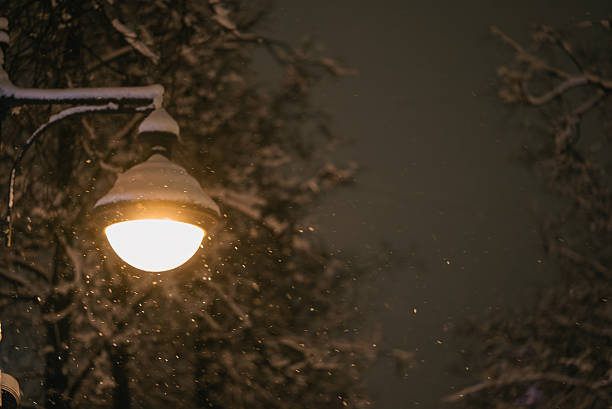 Bright street light illuminating a blizzard, with heavy snowfall creating a peaceful, quiet, and atmospheric winter scene in a dark park or empty street during cold weather