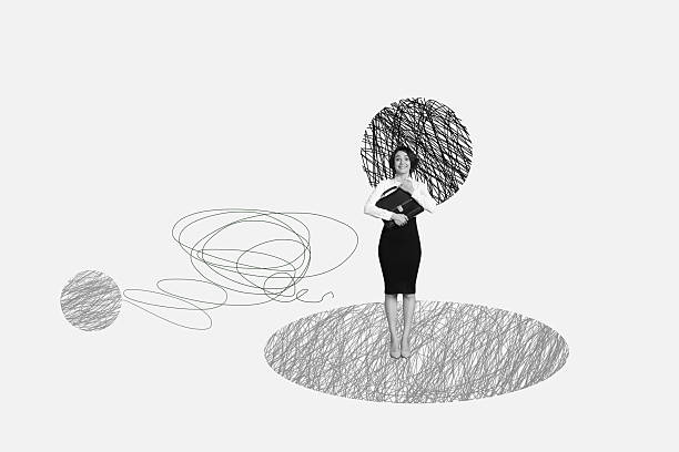 Whimsical collage with person on abstract doodle sketches entrepreneur imagination fun cartoon dance leisure rest emotion