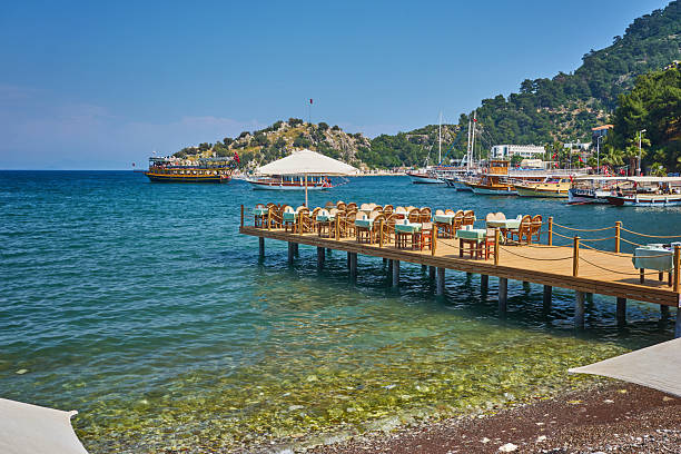 istock Beach cafe at dawn. Empty tables in a cafe, a sunny morning on the beach. 2251333453