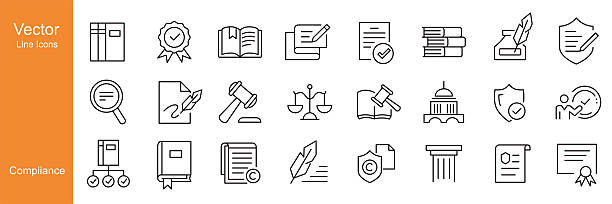 ilustraciones, imágenes clip art, dibujos animados e iconos de stock de iconos de cumplimiento: iconos de línea vectorial - conformidad