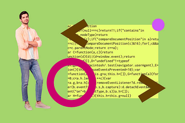 Collage of business man woman in front of abstract charts programming code symbolizing creative digital professions