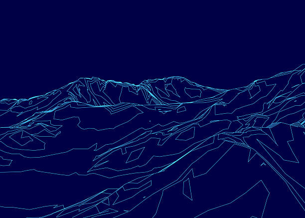 istock A stark blue and white line drawing depicts a mountain range with clean contour lines. The minimalist terrain illustration uses strong contrast against a dark background. 2251341163