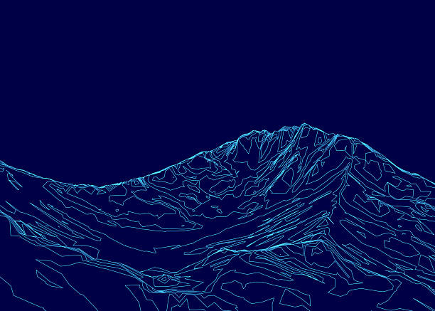 istock A blue and white line drawing of a mountain terrain features intricate contour lines and geometric shapes against a dark blue background. 2251341469