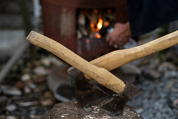 istock Chopping Wood With a Sharp Axe Near a Fire in a Rustic Outdoor Setting During Sunset 2251346779