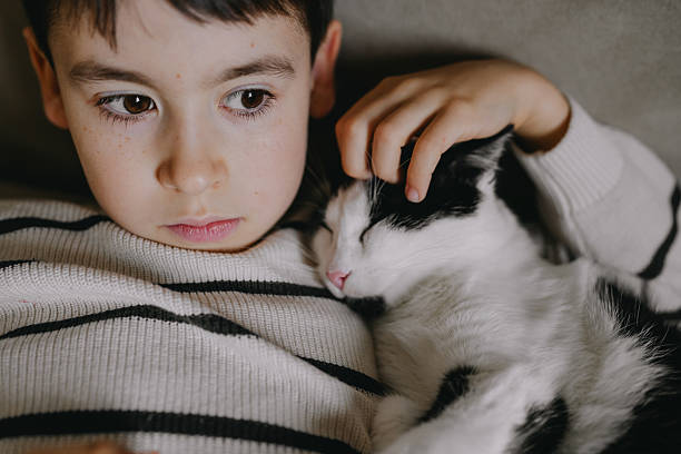 istock Young boy softly embraces black feline inside cozy room 2251356176