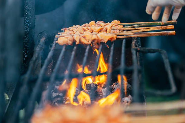Chicken skewers on barbecue grill.