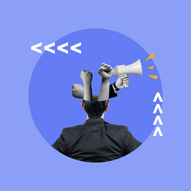 istock Man with hands emerging from his head holding a megaphone, symbolizing brainstorming, communication, and creative expression. Collage art. Concept of Propaganda 2251367096