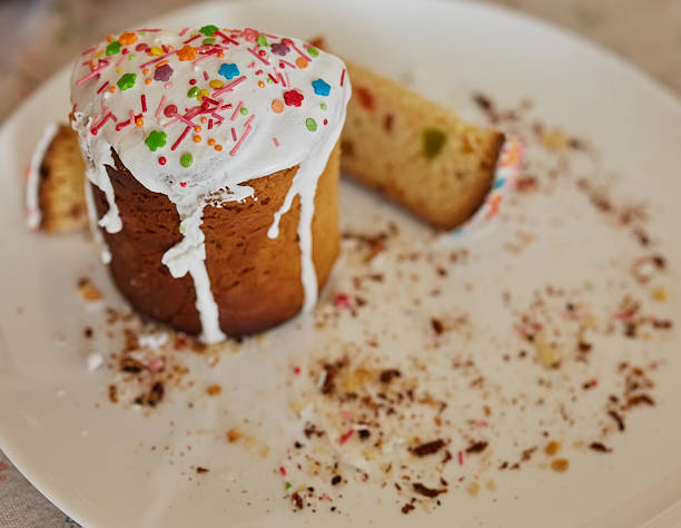 istock Homemade Easter cake cut into slices on a white plate. 2251374647