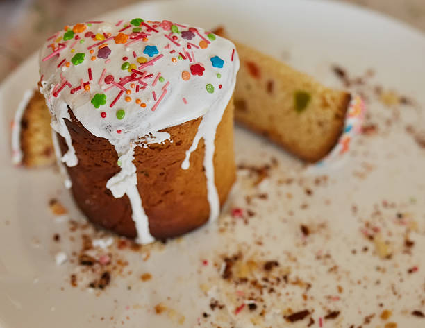istock Homemade Easter cake cut into slices on a white plate. 2251374658
