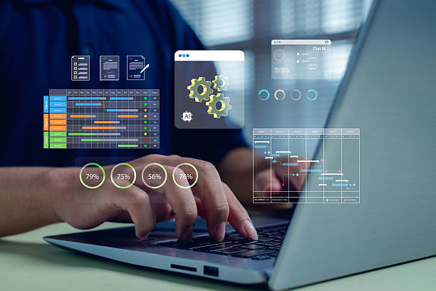 istock professional working on a laptop with AI-powered project management dashboards, showing timelines, progress charts, automation tools, and digital analytics for smart workflow optimization. 2251374709