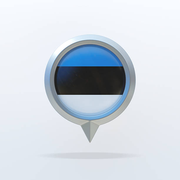 3D metallic map pin featuring the national flag of Estonia. Glossy circular emblem with blue, black, and white horizontal stripes, isolated on a clean white background. Ideal for travel materials, navigation interfaces, geopolitical content, presentations, and educational visuals.