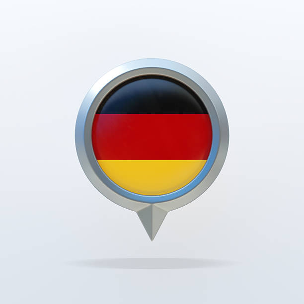 3D metallic map pin featuring the national flag of Germany. Glossy circular emblem with black, red, and gold stripes, isolated on a clean white background. Perfect for travel materials, navigation interfaces, educational graphics, and international map designs.