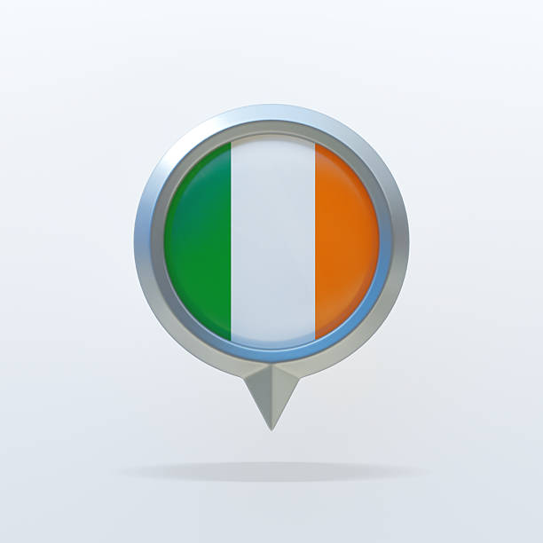 3D metallic map pin featuring the flag of Ireland with vertical green, white, and orange stripes. Glossy circular emblem isolated on a clean white background. Ideal for travel materials, navigation interfaces, educational projects, world map visuals, and international content.