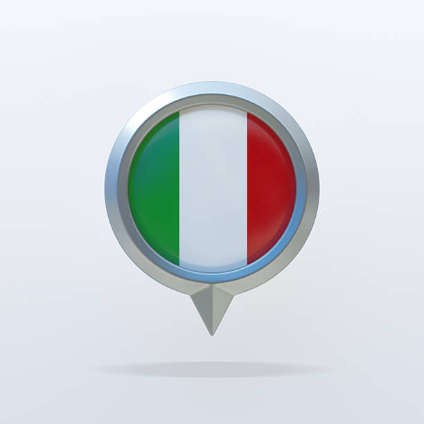 3D metallic map pin featuring the national flag of Italy with vertical green, white, and red stripes. Glossy round emblem isolated on a clean white background, ideal for travel content, navigation apps, geographic interfaces, and educational materials.