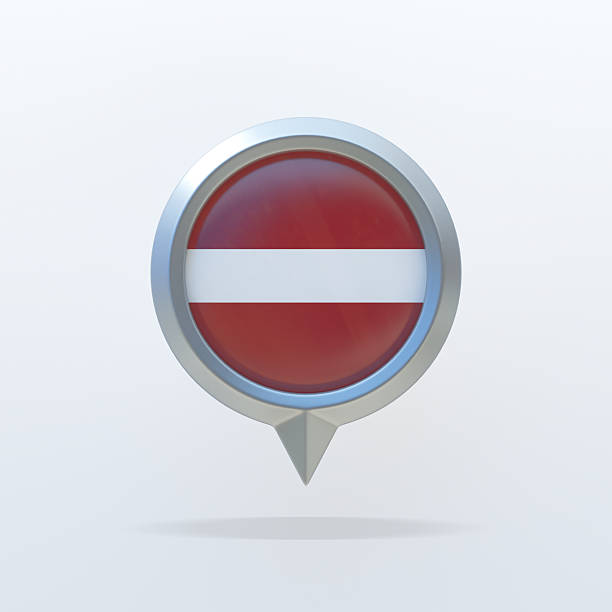3D metallic location pin featuring the national flag of Latvia with a dark red field and horizontal white stripe. Glossy round emblem isolated on a clean white background, suitable for travel materials, navigation apps, maps, and educational content.