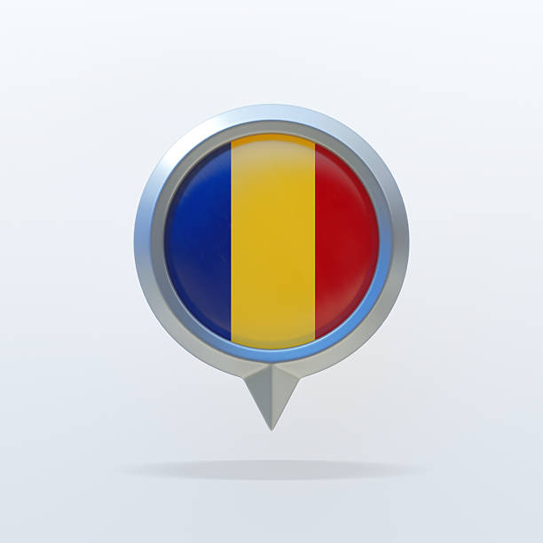 3D metallic location pin featuring the national flag of Romania, isolated on a clean white background. Modern navigation, travel, geography, and international symbol.