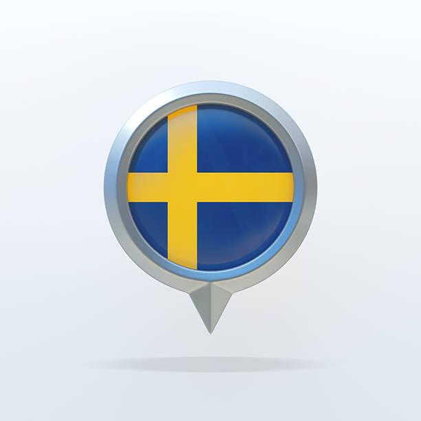 3D metallic location pin featuring the national flag of Sweden, isolated on a clean white background. Modern navigation, travel, geography, and international concept.