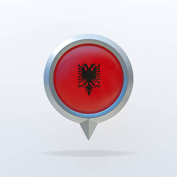 3D metallic map pin featuring the national flag of Albania, with a black double-headed eagle on a bright red field. Glossy circular design isolated on a clean white background. Ideal for travel apps, navigation systems, world maps, educational projects, and global UI elements.
