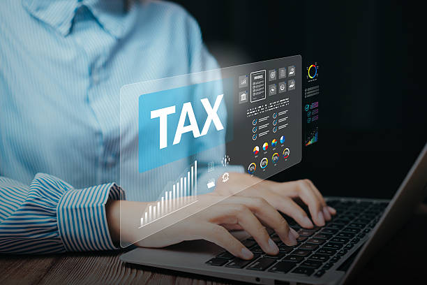 istock Financial analysis concept. Hands typing laptop with virtual tax dashboard, digital reporting accuracy, accounting optimization, compliance workflow, financial data management. 2251378640