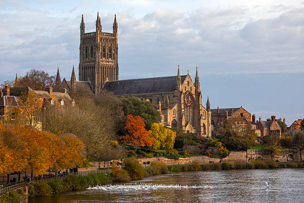 View of the magnificent Worcester Cathedral and the River Severn, in the city of Worcester, in Worcestershire, UK.