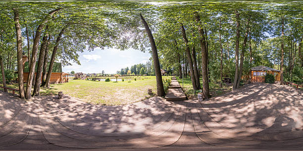 istock 3D spherical panorama with 360 viewing angle. Ready for virtual reality or VR. Full equirectangular projection. Cold blue sky with green grass and with some trees at summer. 2251381151